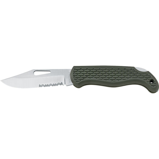 MAC Coltellerie folding knife with textured olive green handle featuring partially serrated stainless steel blade in closed position - detail view
