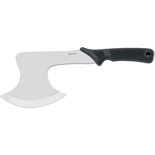 Stainless steel cleaver with curved blade and black textured handle marked "INOX ITALY"