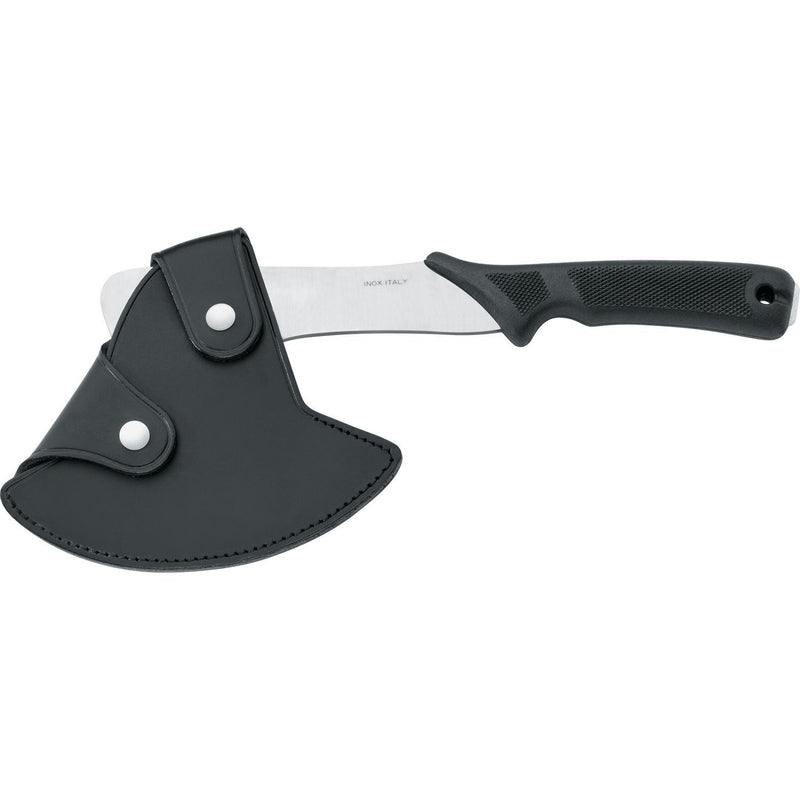Cleaver with black leather protective sheath featuring snap closure and belt attachment