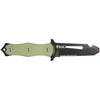 MAC Coltellerie tactical knife with olive green handle scales and black serrated blade