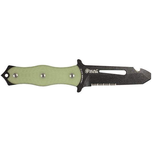 MAC Coltellerie tactical knife with olive green handle scales and black serrated blade