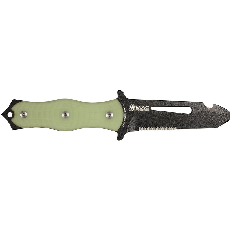 MAC Coltellerie tactical knife with olive green handle scales and black serrated blade
