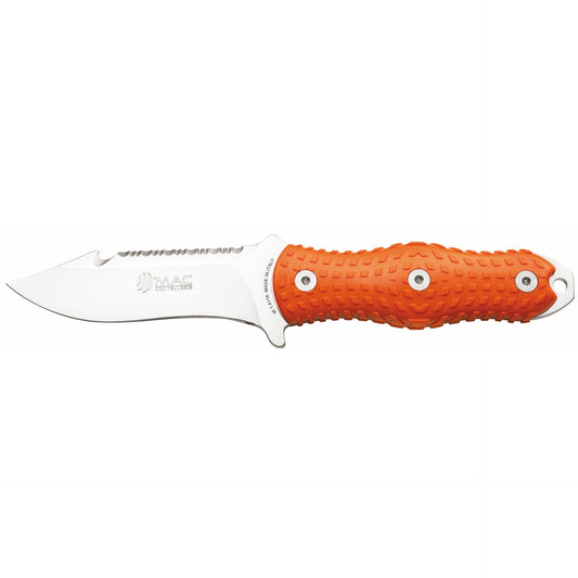 MAC Coltellerie folding knife with orange textured handle scales and stainless steel blade