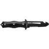 MAC Coltellerie tactical knife with black textured handle and black serrated blade, fully extended