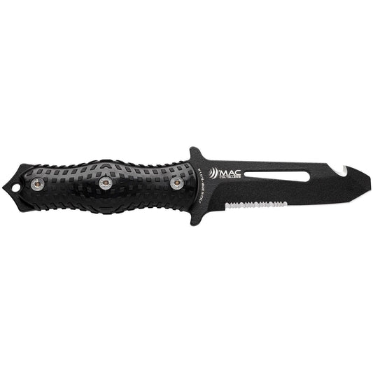 MAC Coltellerie tactical knife with black textured handle and black serrated blade, fully extended