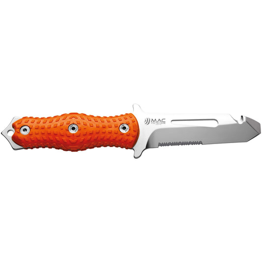 MAC Coltellerie ALR120 rescue knife with orange textured handle and serrated blade, fully extended