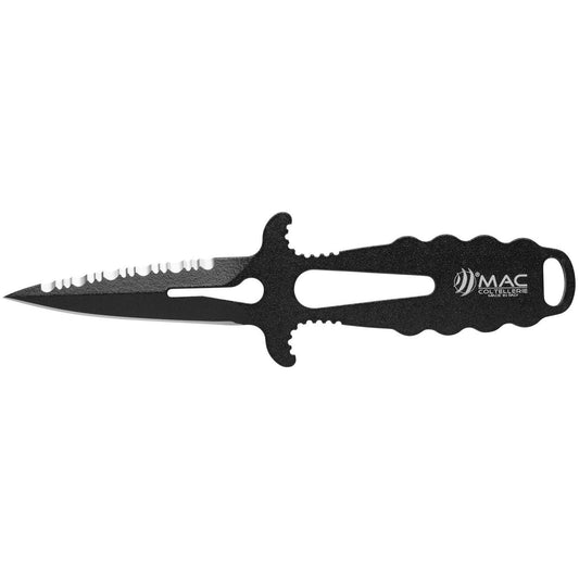 MAC Coltellerie tactical knife with black serrated blade and ergonomic handle, unsheathed view