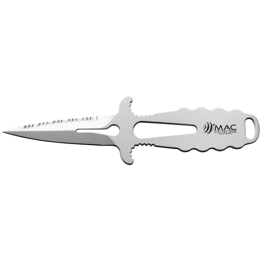 MAC Coltellerie tactical knife with silver serrated blade and textured grip handle, unsheathed view