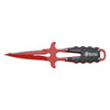 MAC Coltellerie tactical knife with red serrated blade and carbon fiber textured handle, unsheathed view