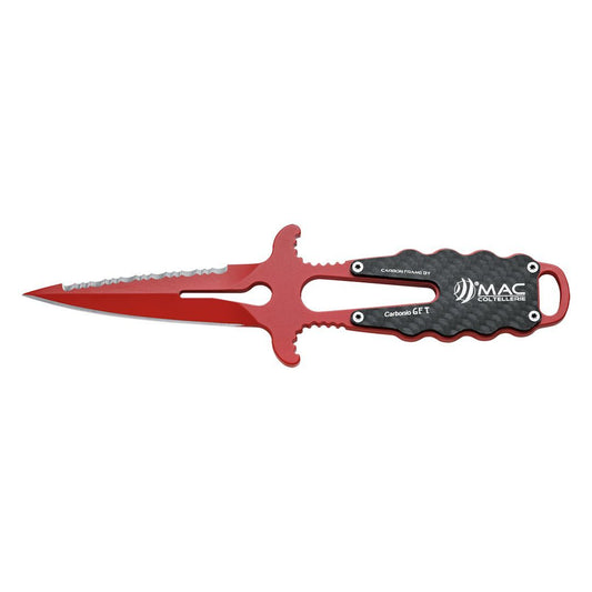 MAC Coltellerie tactical knife with red serrated blade and carbon fiber textured handle, unsheathed view