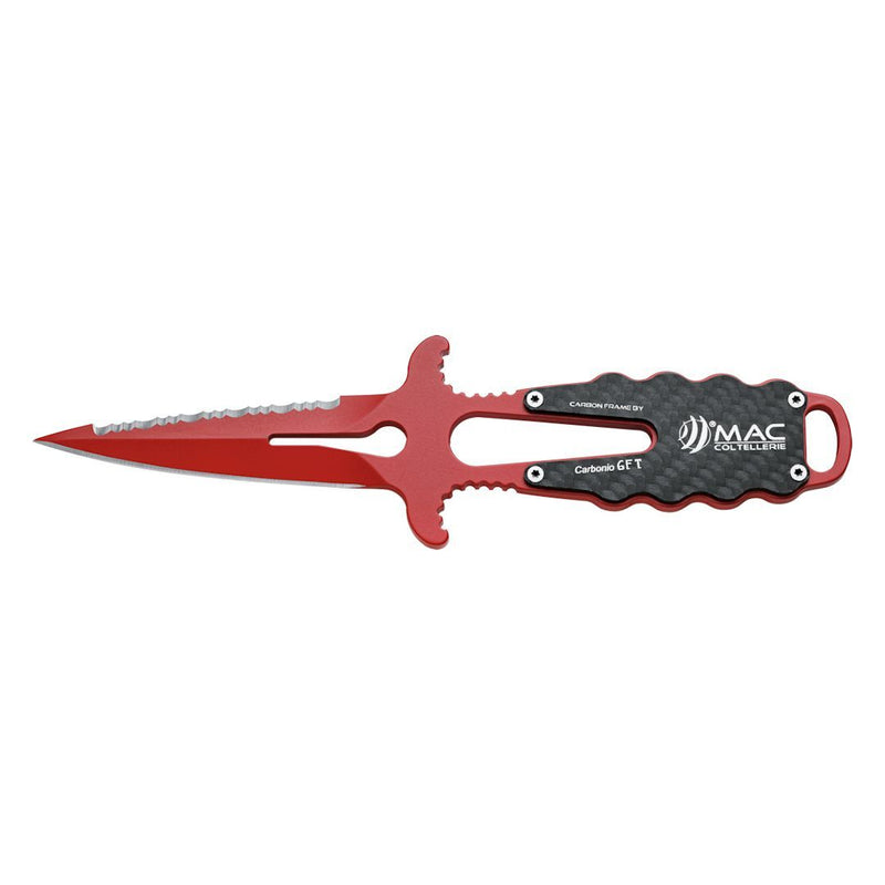 MAC Coltellerie tactical knife with red serrated blade and carbon fiber textured handle, unsheathed view