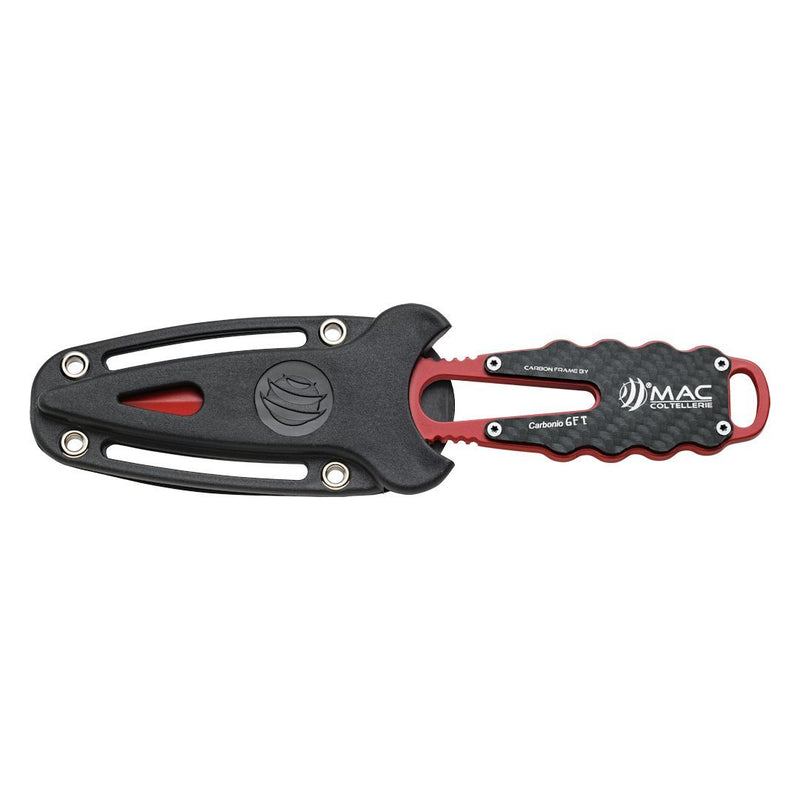 MAC Coltellerie tactical knife with red serrated blade in black tactical sheath with retention system