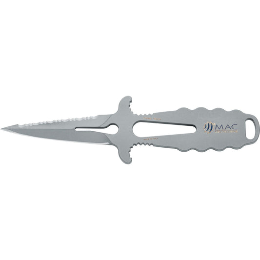 MAC Coltellerie tactical knife with silver serrated blade and ergonomic handle, unsheathed view