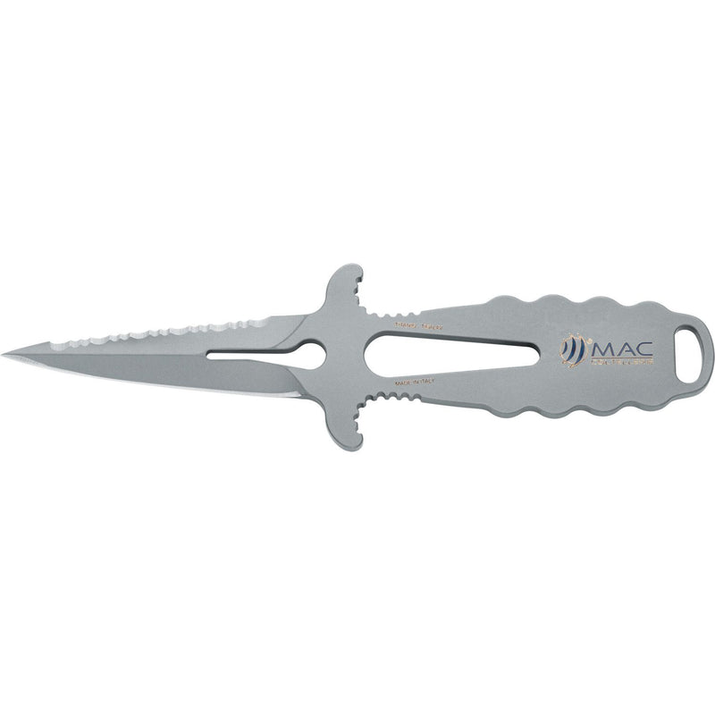 MAC Coltellerie tactical knife with silver serrated blade and ergonomic handle, unsheathed view