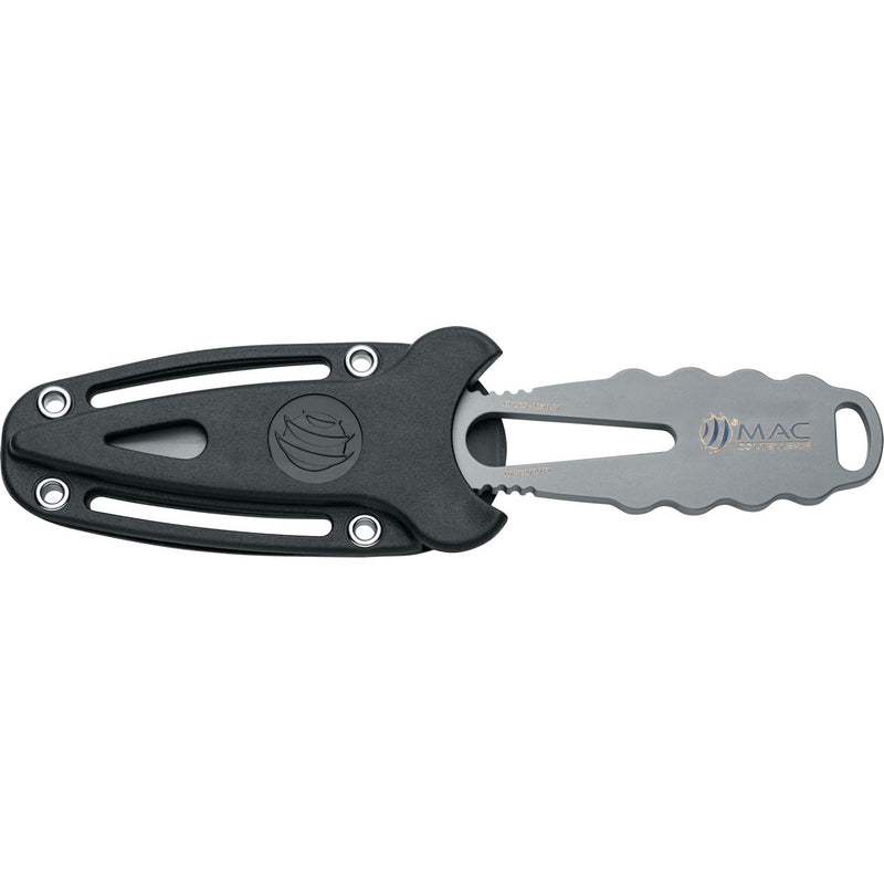 MAC Coltellerie tactical knife with silver serrated blade in black tactical sheath with retention straps