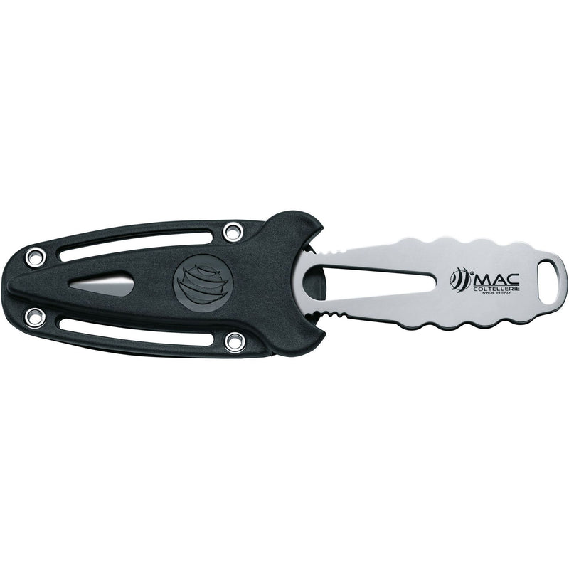 MAC Coltellerie tactical knife with silver serrated blade in black tactical sheath with secure retention