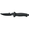 MAC Coltellerie fixed blade tactical knife with black coating, serrated edge, and ergonomic black handle