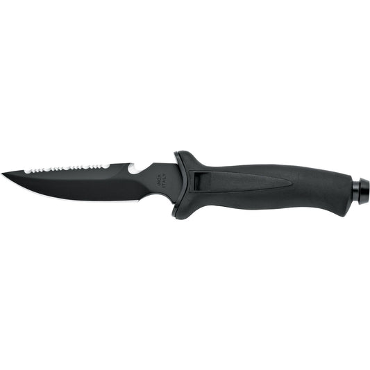 MAC Coltellerie fixed blade tactical knife with black coating, serrated edge, and ergonomic black handle