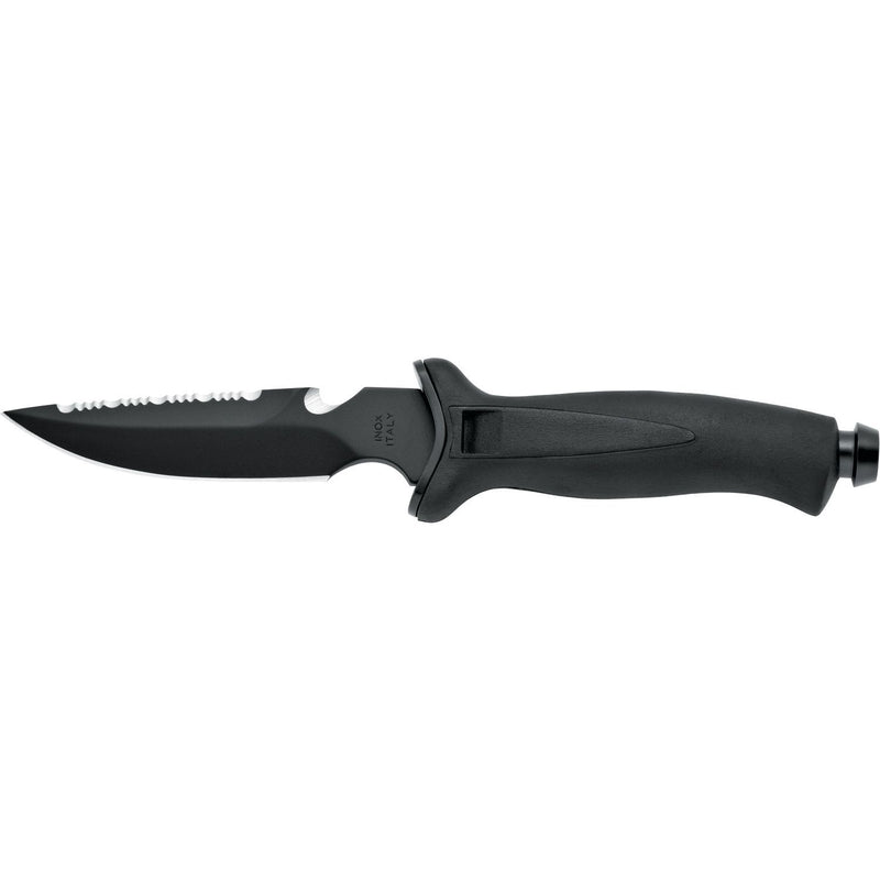 MAC Coltellerie fixed blade tactical knife with black coating, serrated edge, and ergonomic black handle