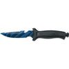 MAC Coltellerie tactical knife with blue anodized blade finish, serrated edge, and black textured handle