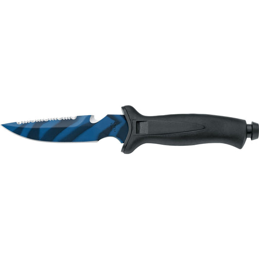 MAC Coltellerie tactical knife with blue anodized blade finish, serrated edge, and black textured handle
