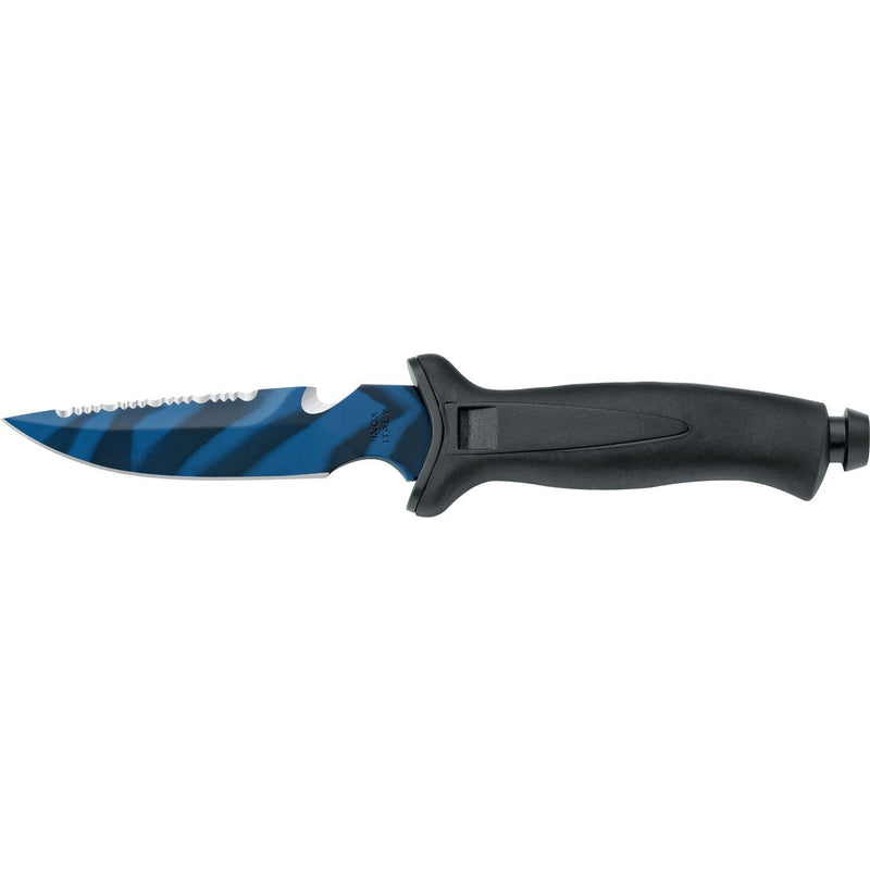 MAC Coltellerie tactical knife with blue anodized blade finish, serrated edge, and black textured handle