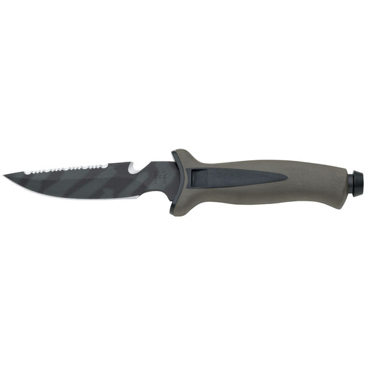 MAC Coltellerie fixed blade knife with black coated serrated blade and ergonomic polymer handle