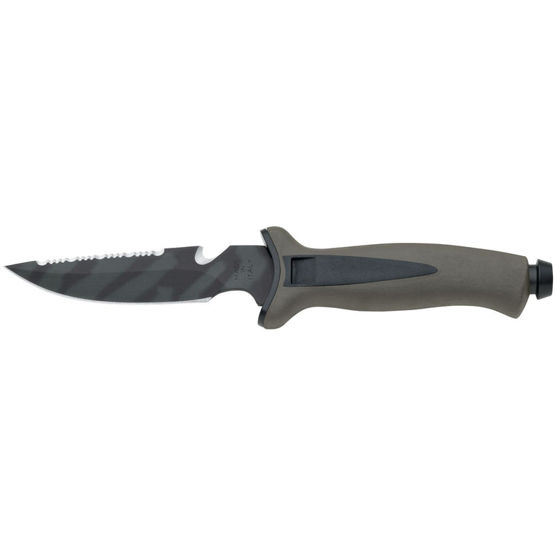 MAC Coltellerie fixed blade knife with black coated serrated blade and ergonomic polymer handle