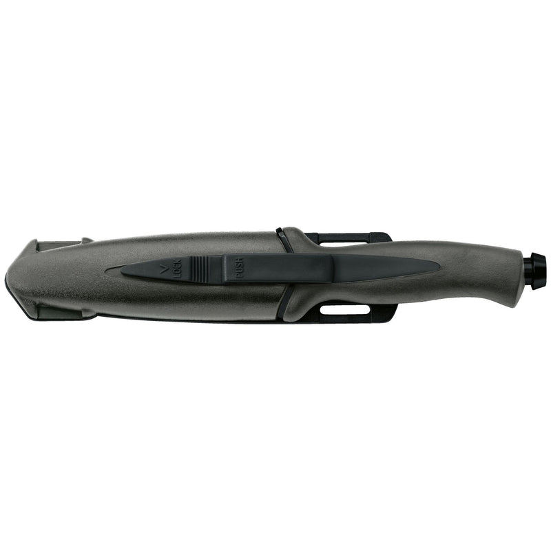 MAC Coltellerie tactical knife in black polymer sheath showing side profile with belt attachment system