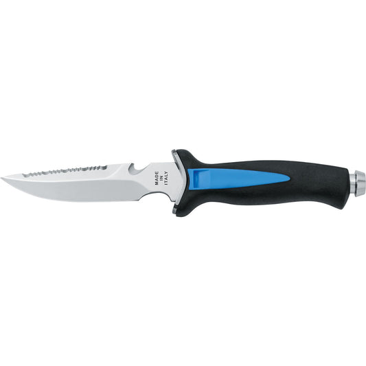 MAC Coltellerie diving knife with serrated blade, black handle featuring blue accent insert and pommel
