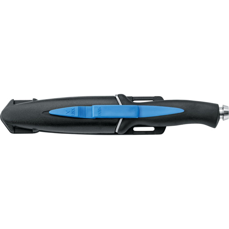 MAC Coltellerie diving knife with blue accent in black tactical sheath with secure retention system