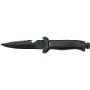 MAC Coltellerie tactical fixed blade knife with serrated edge, black coating, and textured grip handle