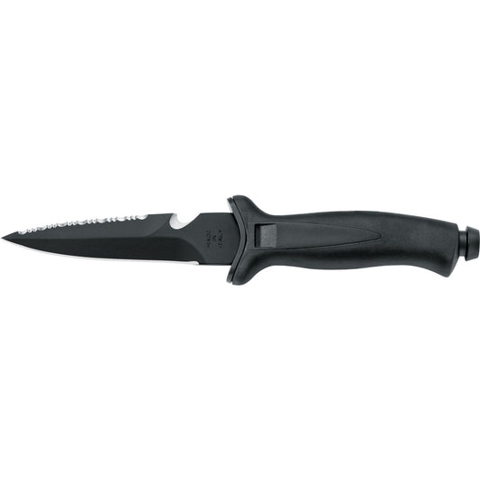 MAC Coltellerie tactical fixed blade knife with serrated edge, black coating, and textured grip handle