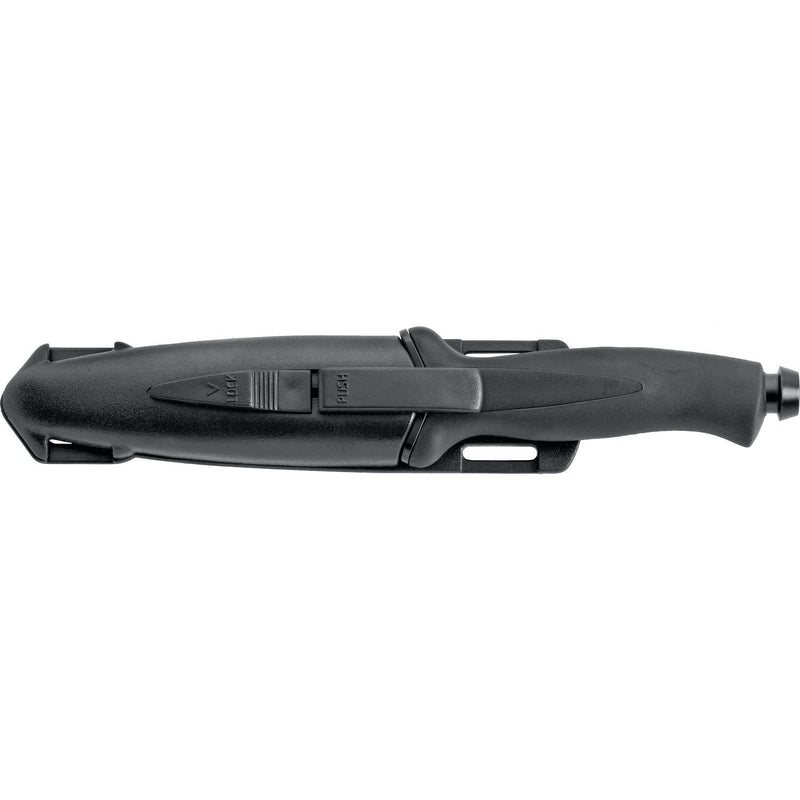 MAC Coltellerie tactical knife in black polymer sheath with belt clip, showing complete carry system