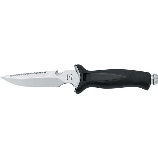 MAC Coltellerie diving knife with serrated stainless steel blade, black handle with silver accents, and pommel