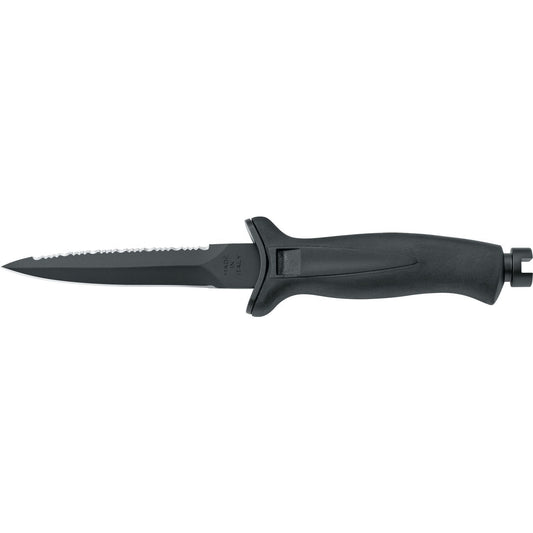 MAC Coltellerie tactical knife with black serrated blade and ergonomic black handle