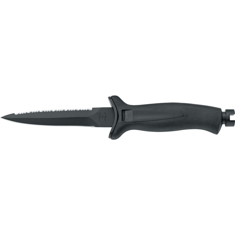 MAC Coltellerie tactical knife with black serrated blade and ergonomic black handle