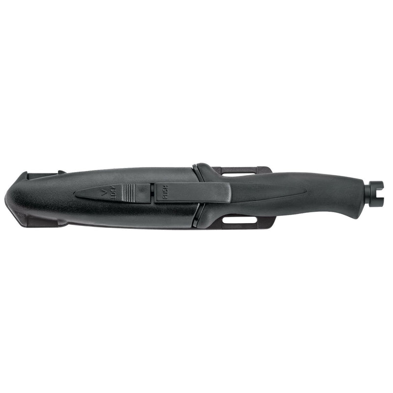 MAC Coltellerie tactical knife with black blade in protective black sheath with belt clip