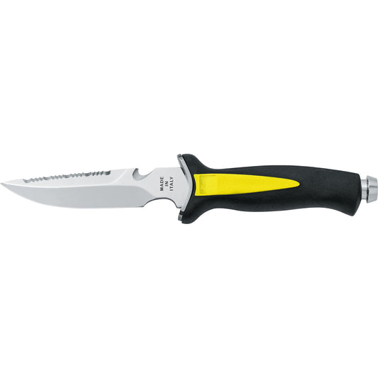 MAC Coltellerie tactical knife with serrated stainless steel blade and black handle with yellow accent grip insert