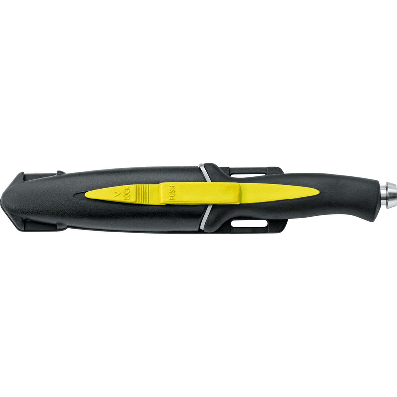 MAC Coltellerie tactical knife in black polymer sheath with yellow accent, showing sheathed configuration