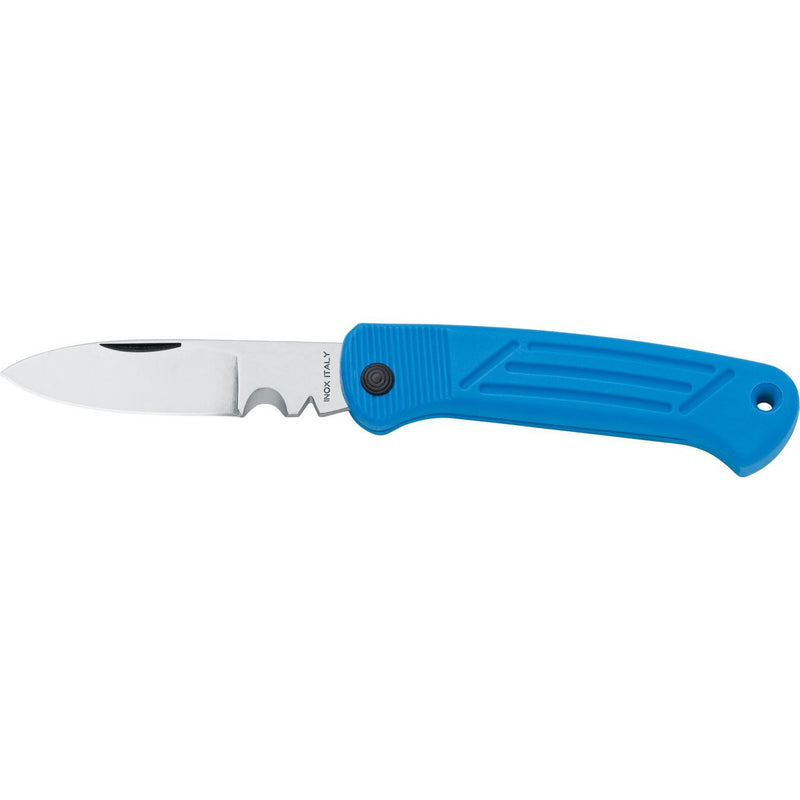 MAC Coltellerie folding knife with blue handle and stainless steel blade featuring integrated cutting hook