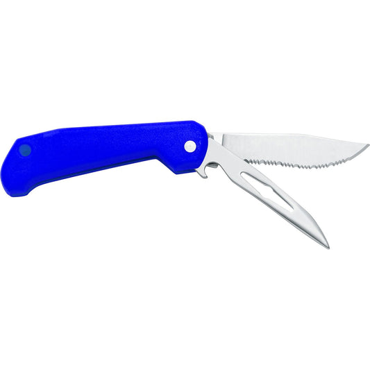 MAC Coltellerie folding knife with blue handle and stainless steel serrated blade partially opened