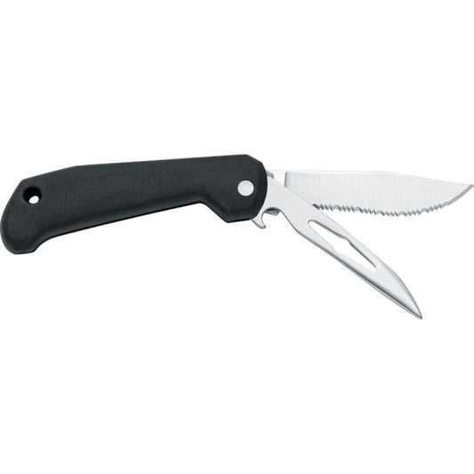 MAC Coltellerie folding knife with black handle and stainless steel serrated blade partially opened