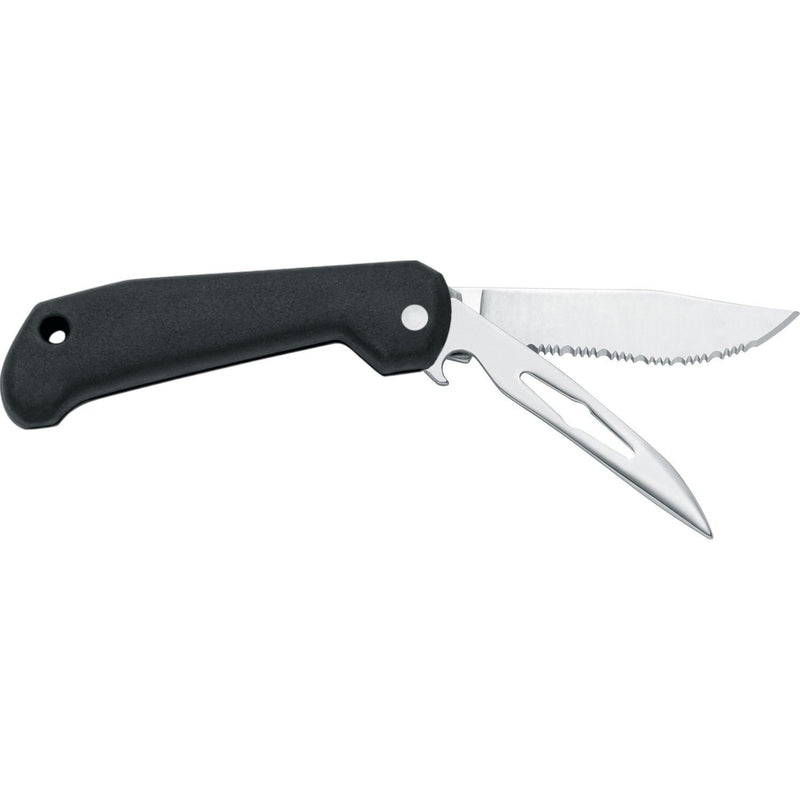 MAC Coltellerie folding knife with black handle and stainless steel serrated blade partially opened
