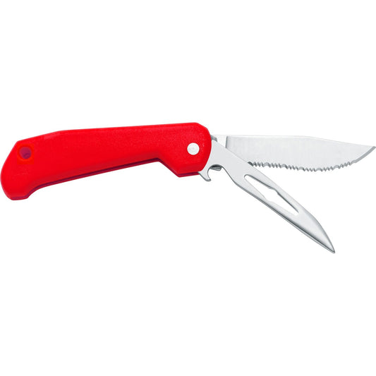 MAC Coltellerie folding knife with red handle and stainless steel serrated blade partially opened