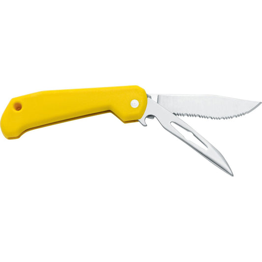 MAC Coltellerie folding knife with yellow handle and stainless steel serrated blade partially opened