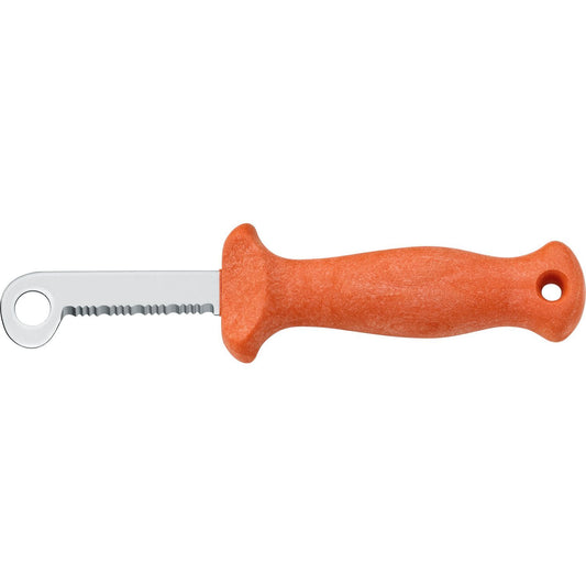 MAC Coltellerie orange handled rescue knife with serrated blade and lanyard hole