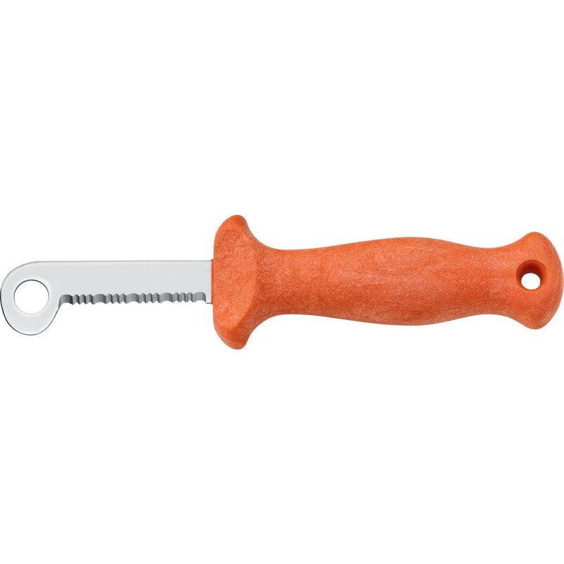 MAC Coltellerie orange handled rescue knife with serrated blade and lanyard hole