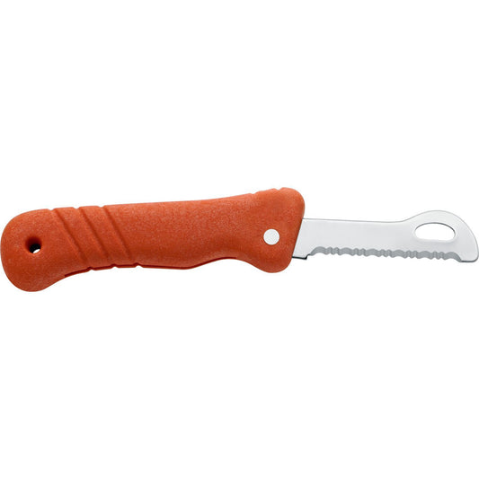 MAC Coltellerie orange ergonomic rescue knife with serrated blade, side view