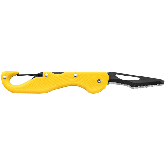 MAC Coltellerie BCR-2Y rescue knife with yellow handle and black serrated blade, closed position